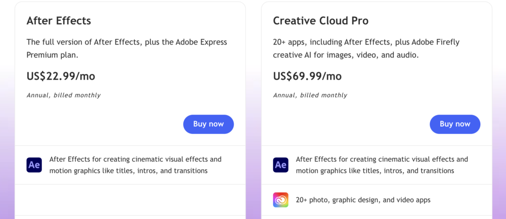 Adobe After Effects pricing