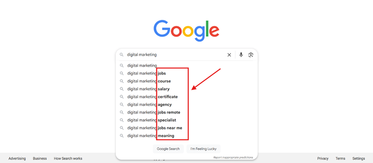Screenshot of Google Autocomplete feature with digital marketing as search term