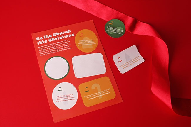 Bright red Christmas sticker sheet featuring writable holiday labels and cheerful designs