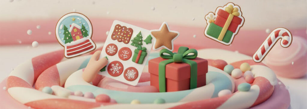 Holiday-themed prints featuring custom stickers used for festive branding