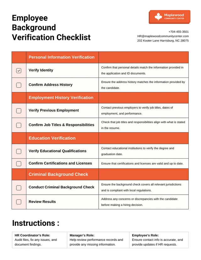 Employee Background Verification Checklist