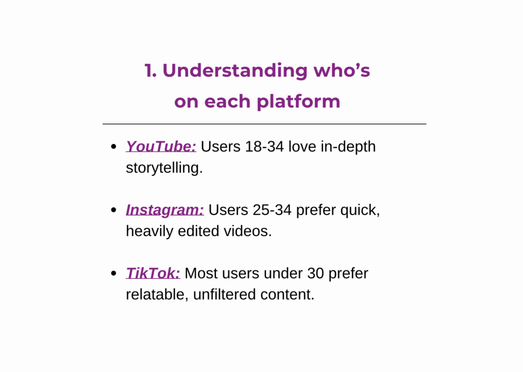 Audience demographics and content preferences on YouTube, Instagram, and TikTok for choosing the right social media platform