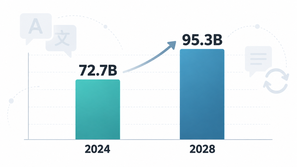 Bar chart showing the global language services market growing from $72.7 billion in 2024 to $95.3 billion in 2028, with translation and localization icons in the background.