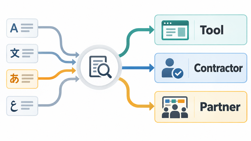 Diagram showing multilingual content being routed through a central review process and then assigned to a translation tool, contractor, or partner
