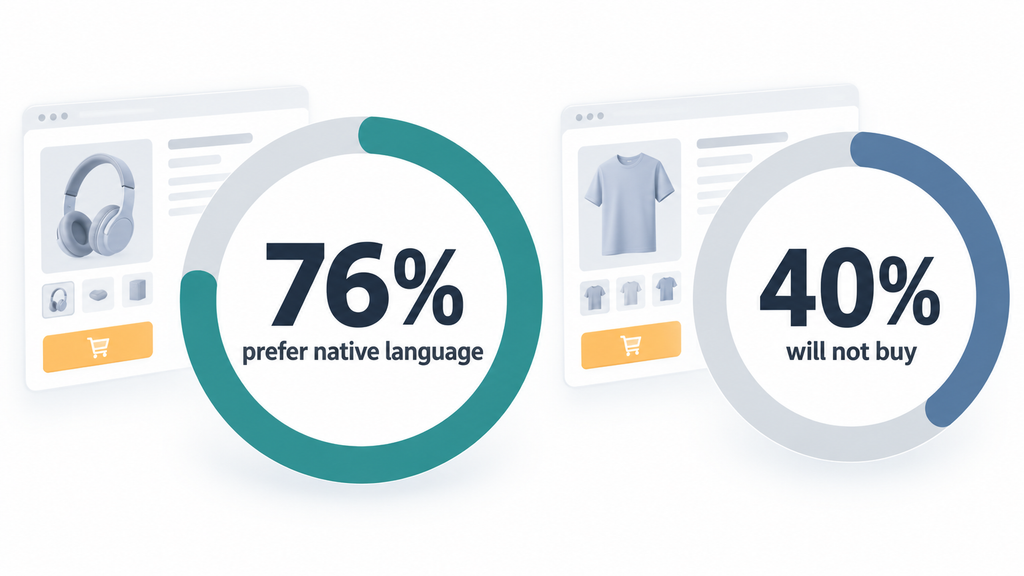 Infographic showing online shopping language preferences: 76% of shoppers prefer product information in their native language, while 40% will not buy from websites in other languages.